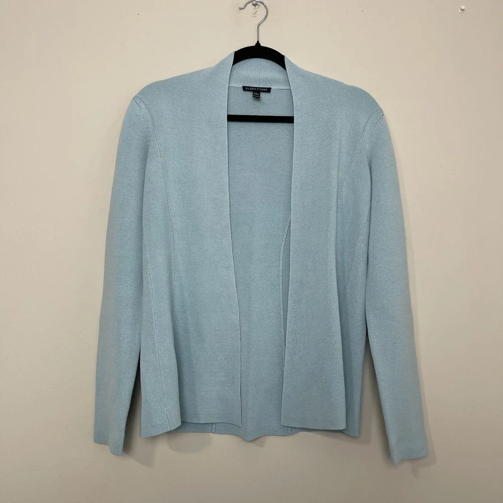Eileen Fisher Silk Cotton Blend Open Cardigan Light Blue Minimalist Quiet Luxary